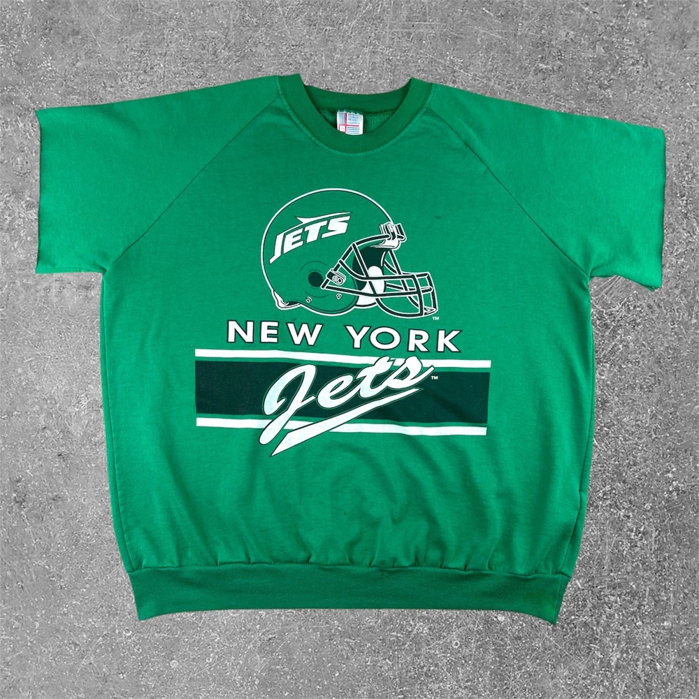 Vintage 80s New York Jets Short Sleeve Sweatshirt Mens XL Green NFL Graphic